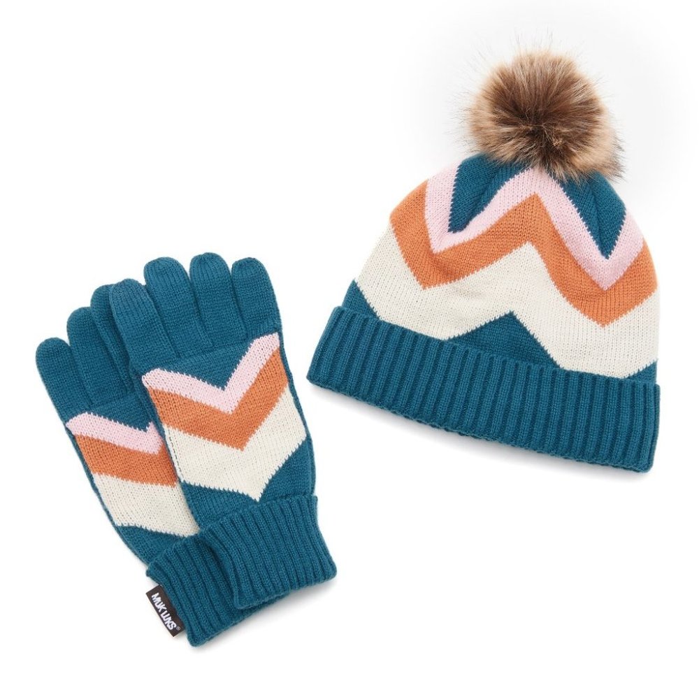 NWT  MUK LUKS Color Block Pom-Pom Beanie & Gloves